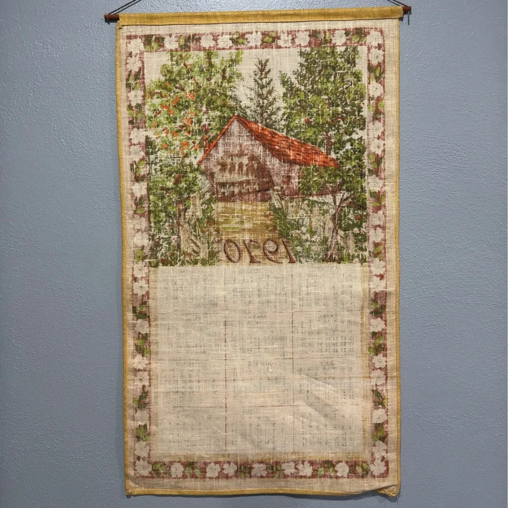 Vintage 1970 Linen Calendar Tea Towel Covered Bridge Floral Wall Hanging 16x28